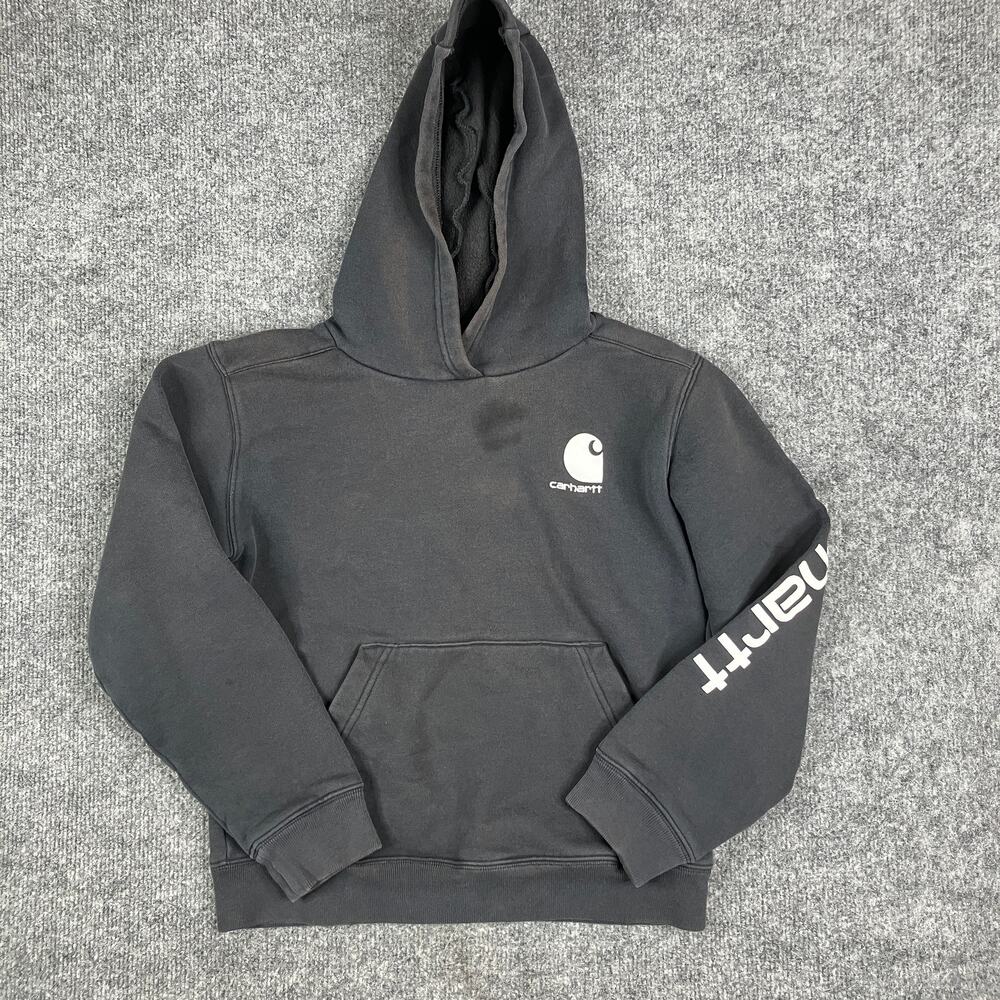 Carhartt Hoodie Boys Size M Black Pullover Fleece Logo Graphic Sleeve‎ Youth